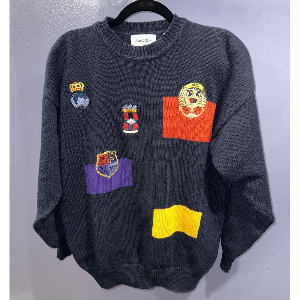 New River Navy Blue Embroidered Emblem Crewneck Sweater Women's Size L 90 Cotton